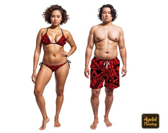May include: A red and black patterned swimsuit top and bottom. The top is a triangle style and the bottom is a bikini style. The pattern is geometric and abstract.