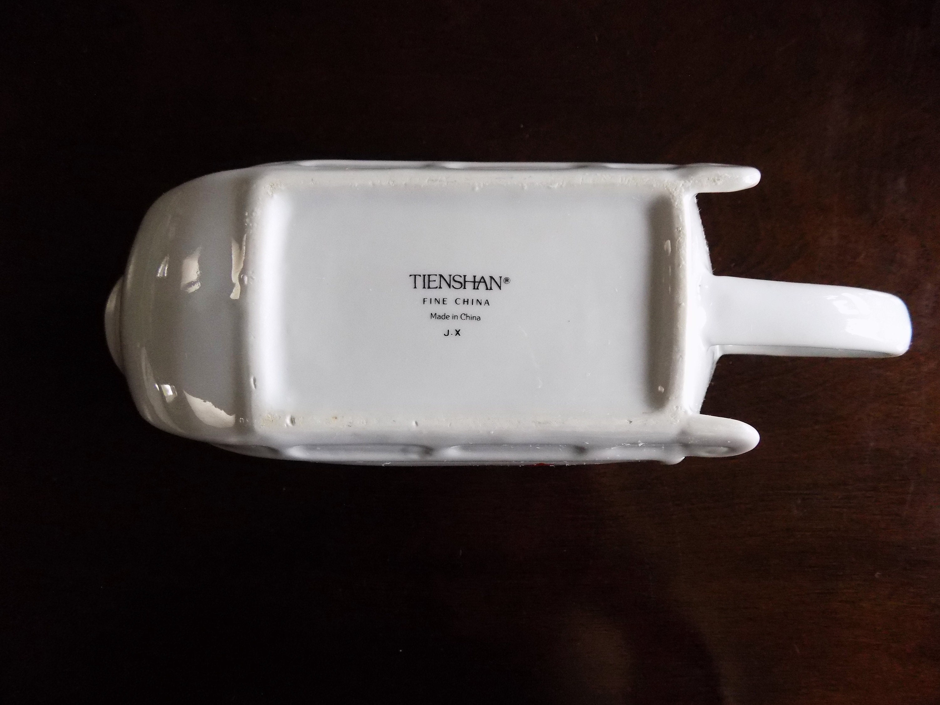 Vintage Tienshan Christmas Sleigh Gravy Boat White With Green Evergreen