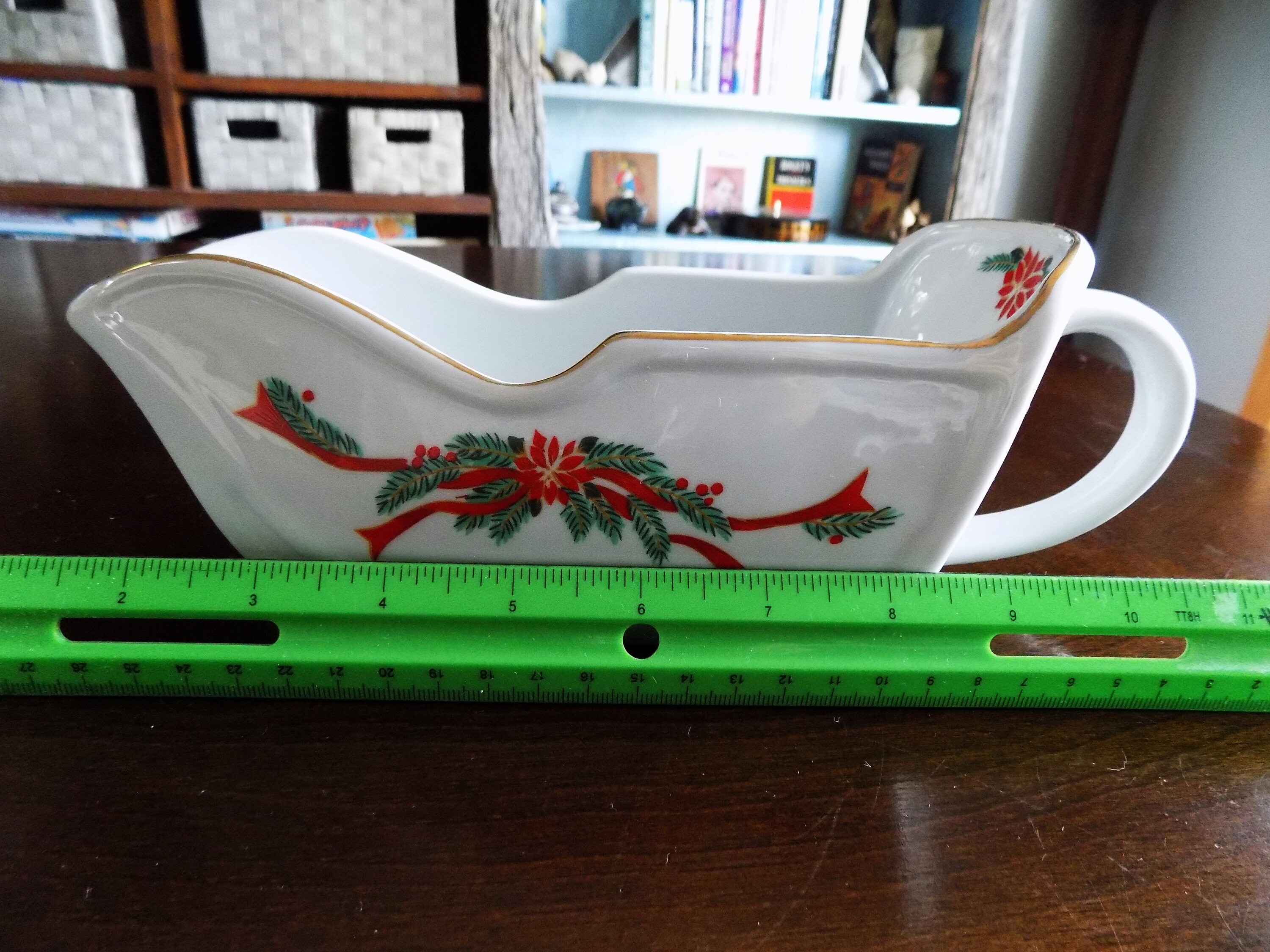 Vintage Tienshan Christmas Sleigh Gravy Boat White With Green Evergreen