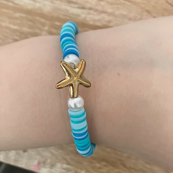 Blue and Teal Clay Bead, Gold Colored Starfish and Faux Pearl Bracelet, Heishe