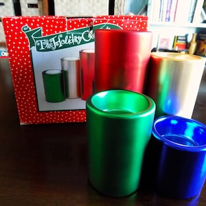 4 Cylinder Style Ceramic Christmas Candle Holders, Satin Metallic, Red, Blue, Green & Gold