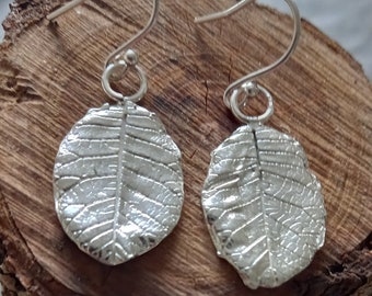 Silver leaf drop earrings, real silver leaf, smoke leaf in fine silver, gift for nature lover, handmade in the UK, postal gifts