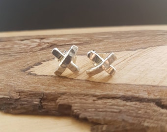 Silver "kiss" earring studs, handmade hammered earrings, small cross earrings, silver studs, handmade in UK, gifts to post, recycled silver