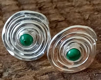 Silver studs, malachite cabochon studs,  silver earrings, handmade in the UK, gift idea, contemporary silver, recycled silver, gifts to post