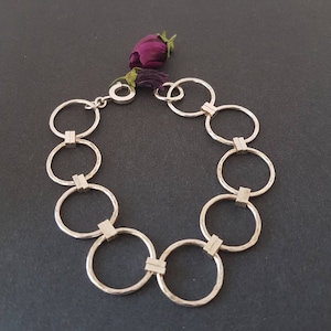 Silver link bracelet, hammered silver bracelet, round and rectangle links, charm bracelet, handmade in the UK, recycled silver, postal gifts