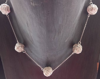 Sterling silver necklace woven ball design, chain necklace, ball and chain design, handmade in UK