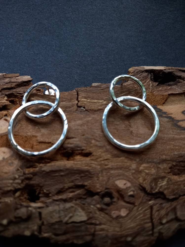 sterling Silver Hammered Large Double Link Earrings, Handmade Silver, in Uk, Ideal Postal Gift
