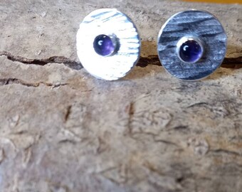 Recycled Silver Amethyst Stud Earrings: Handmade Tree Bark Texture, made in the UK