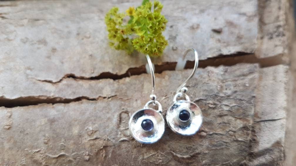 Silver & Iolite Gemstone Drop Earrings, Hammered Silver Drops, Blue Handmade in The Uk, Postal Gifts, September Stone