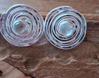 Aquamarine silver swirl earrings, handmade in the UK, March birthstone, reycled silver