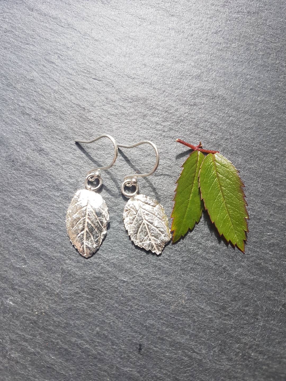 Silver Rose Leaf Drop Earrings, | 999 Purity, Real Handmade in Uk, Recycled Silver, Great Postal Gift, Rose Gift