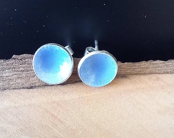 Small blue enamelled stud earrings, light blue studs, recycled silver, made in the Uk, gifts by post, handmade earrings, small studs