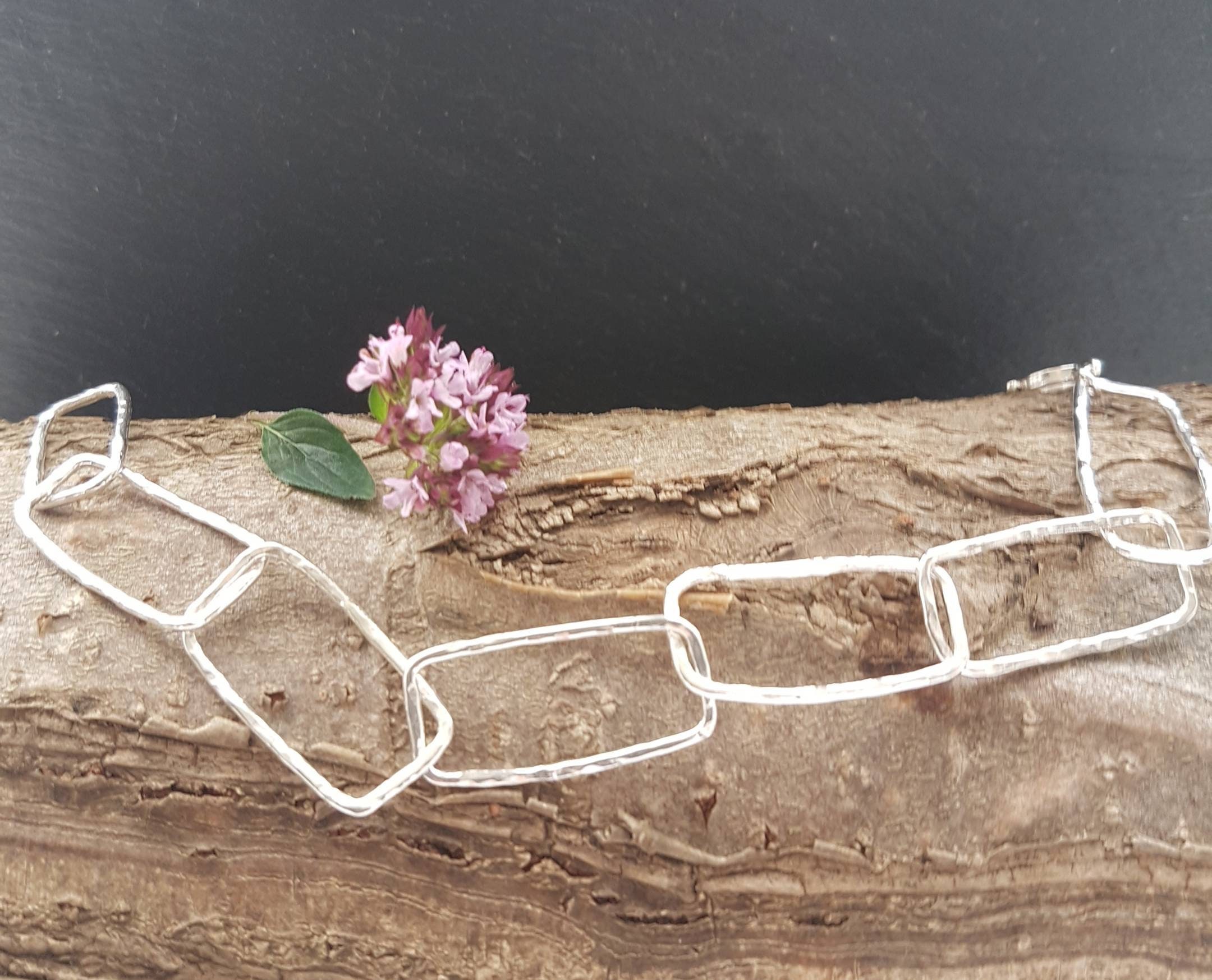 Large Link Silver Bracelet, Rectangular Handmade in The Uk, Hammered Great Postal Gift, Recycled