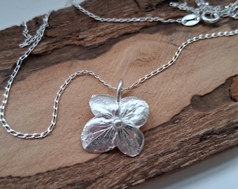 Sterling Silver Hydrangea Flower Pendant Necklace: Handmade Recycled Silver, made in the UK