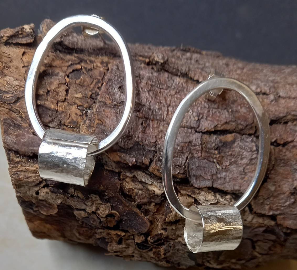 Silver Oval Hoop Earrings With Tube Detail, Unusual Earrings, Handmade in The Uk, Recycled Silver