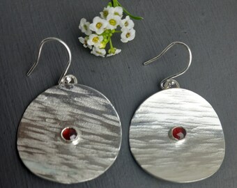 Large silver disc earrings, garnet drop earrings, hammered silver drops, handmade in the UK,  postal gifts