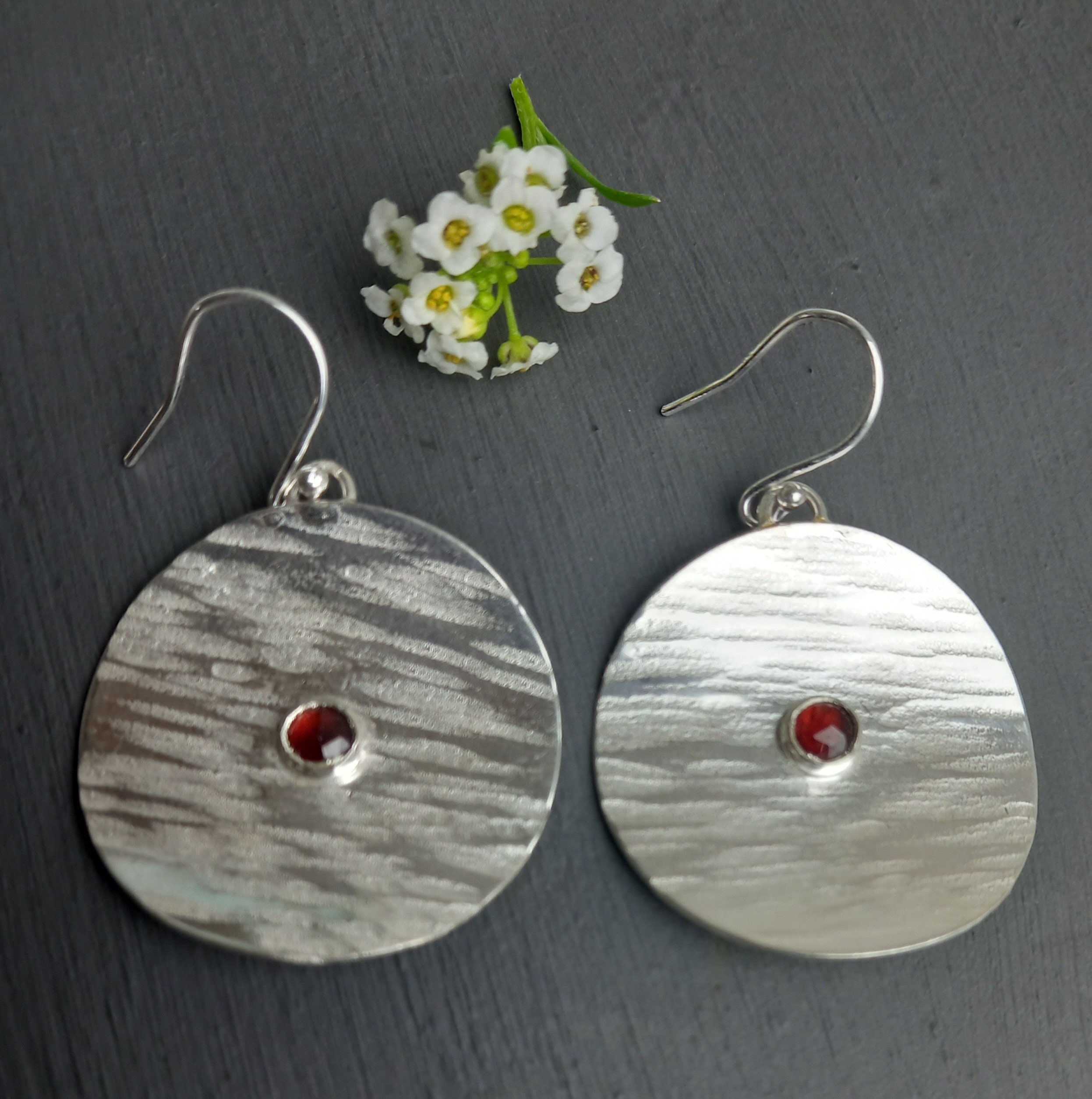 Large Silver Disc Earrings, Garnet Drop Hammered Drops, Handmade in The Uk, Postal Gifts