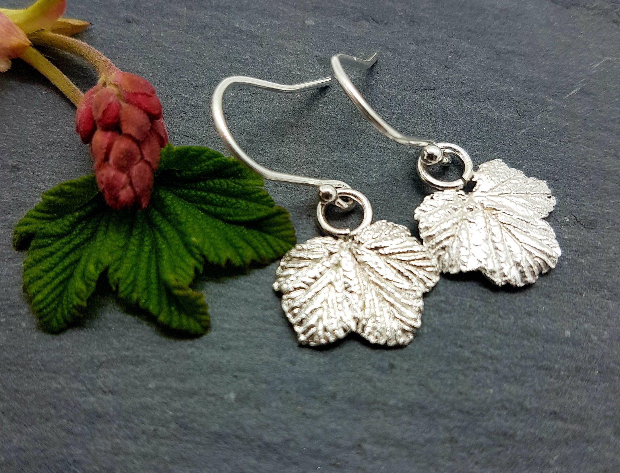 Silver Leaf Earrings, Silver Drop Real in Drops, Black Currant Leaf, Recylcled Silver, UK Made, Plant Lover Gift