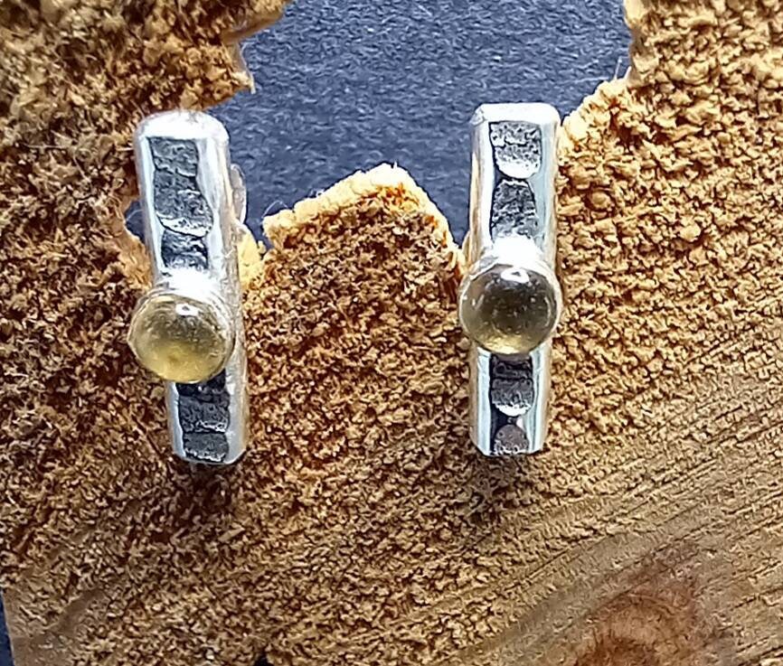 Sterling Silver & Citrine Stud Earrings, Bar Studs, Gemstones, Small Handmade in The Uk, Recycled Silver, Postal Gifts