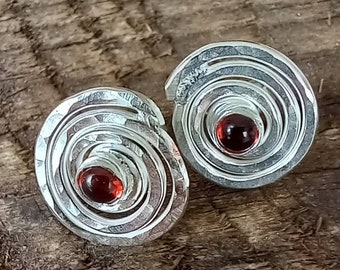 Silver studs with garnet stones, silver swirl earrings, recycled silver, handmade silver earrings, postal gifts, handmade in UK