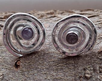 Amethyst silver swirl earrings, handmade in the UK, February birthstone