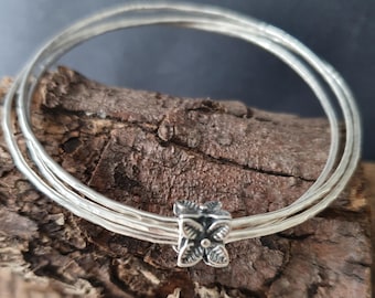 Hammered Sterling Silver Bangle Trio: Flower Keeper Bead, Stacking Bangles