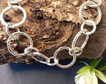 Hand made silver link bracelet, chunky sterling silver hammered links, modern looking silver bracelet, recycled silver, handmade in the UK