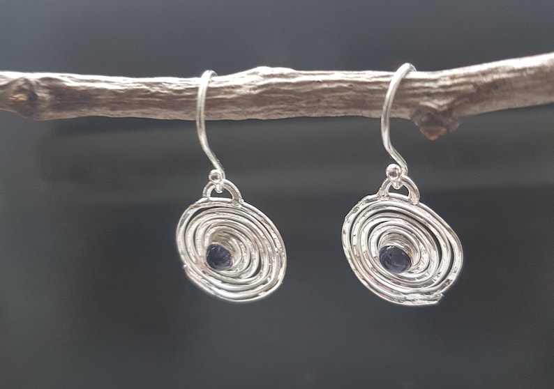 contemporary drop earrings iolite gemstone earrings Silver swirl drop earrings handmade in the UK