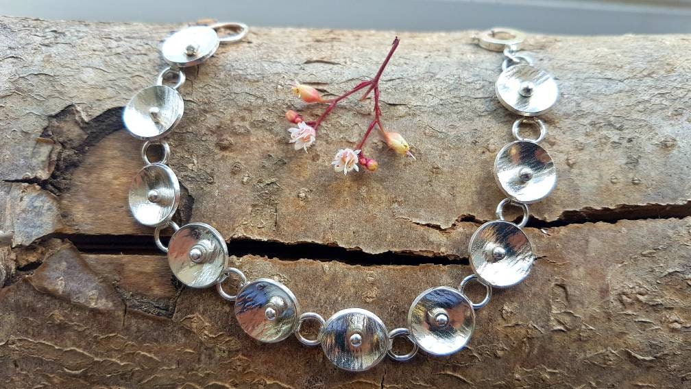 Silver Disc & Ball Bracelet, Hammered, Handmade Silver Contemporary Design, Made in Uk, Great Postal Gift