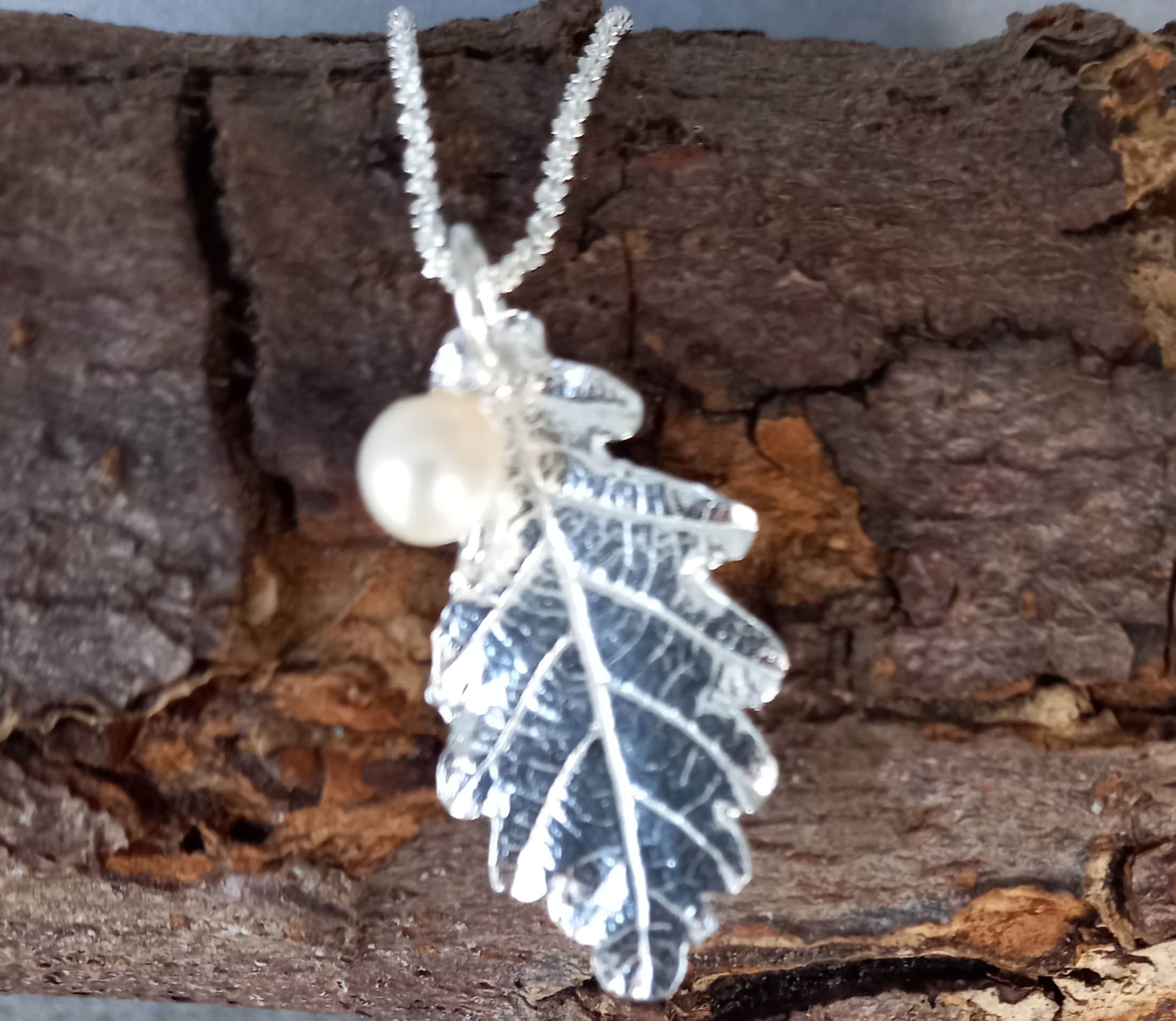 Silver Oak Leaf With Pearl Drop, Real English in Silver, Silver Pendant Necklace, Handmade The Uk, Postal Gifts