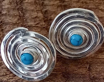 Sterling silver studs, turquoise cabochon studs,  silver earrings, handmade in the UK, gift idea, contemporary silver, recycled silver