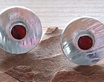Hammered Sterling Silver Garnet Stud Earrings, Recycled UK Made 12mm Discs