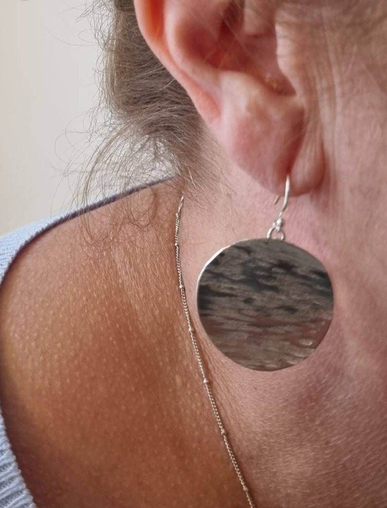Large silver drop earrings, hammered silver disc drops, handmade in the UK, recycled silver, gifts by post image 3