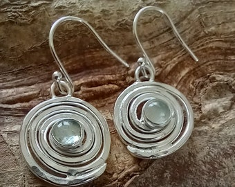 Aquamarine drop earrings, March birthstone earrings, silver swirl drops, aquamarine and silver, postal gifts, handmade in the UK