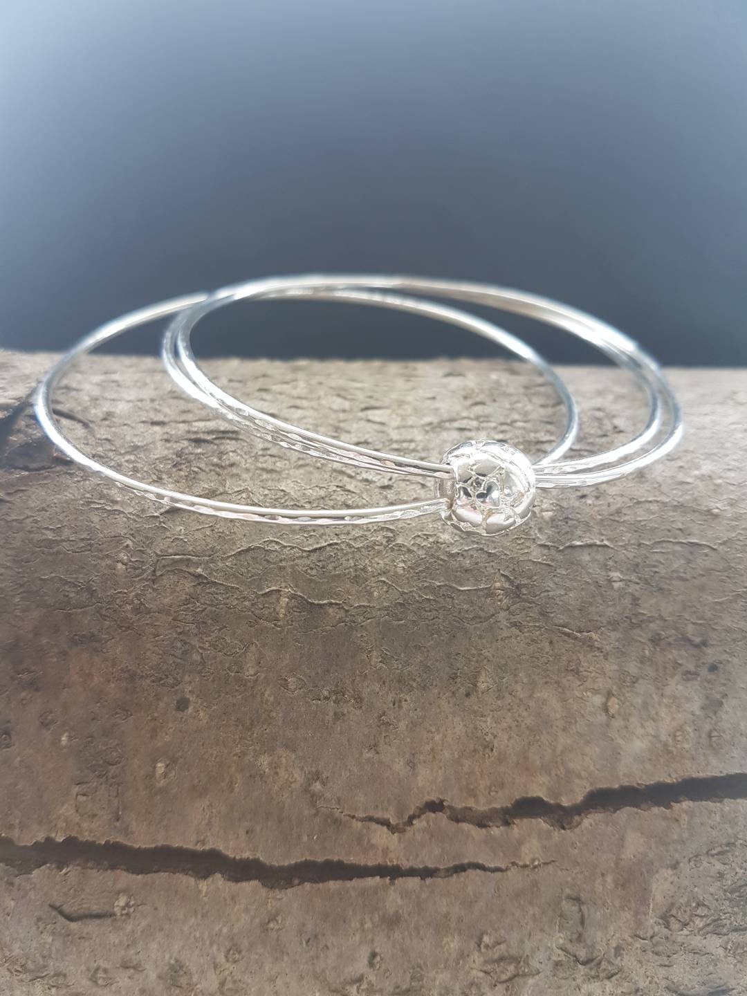 Sterling Silver Bangle Trio, Heart Charm, Keeper Bead, Hammered Silver, Stacking Bangles, Handmade in The UK