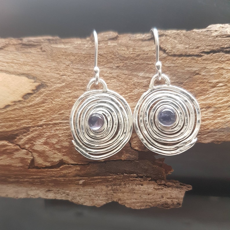 contemporary drop earrings iolite gemstone earrings Silver swirl drop earrings handmade in the UK