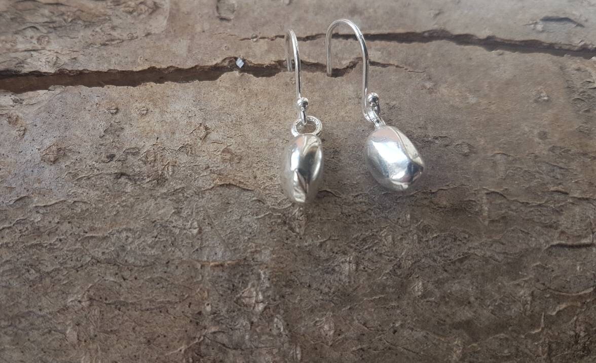 Silver Nugget Drop Earrings, Sterling Silver Pebble Coffee Bean Drops, Handmade in Uk, Recycled Silver, Postal Gift