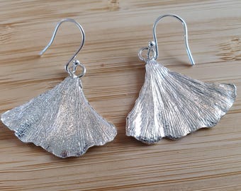 Sterling Silver Ginkgo Leaf Drop Earrings, Handmade Nature Jewellery