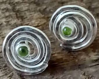 Silver studs with peridot stones, silver swirl earrings, recycled silver, handmade silver earrings, postal gifts, handmade in UK