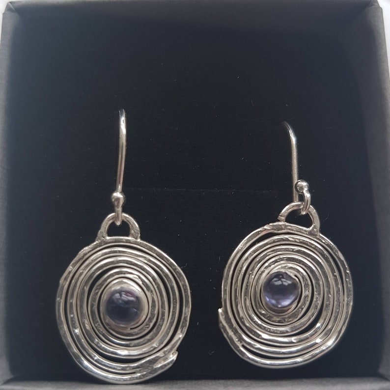 contemporary drop earrings iolite gemstone earrings Silver swirl drop earrings handmade in the UK