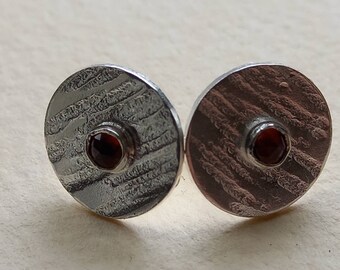 Silver and garnet stud earrings, hammered silver earrings, garnet studs, January birthstone