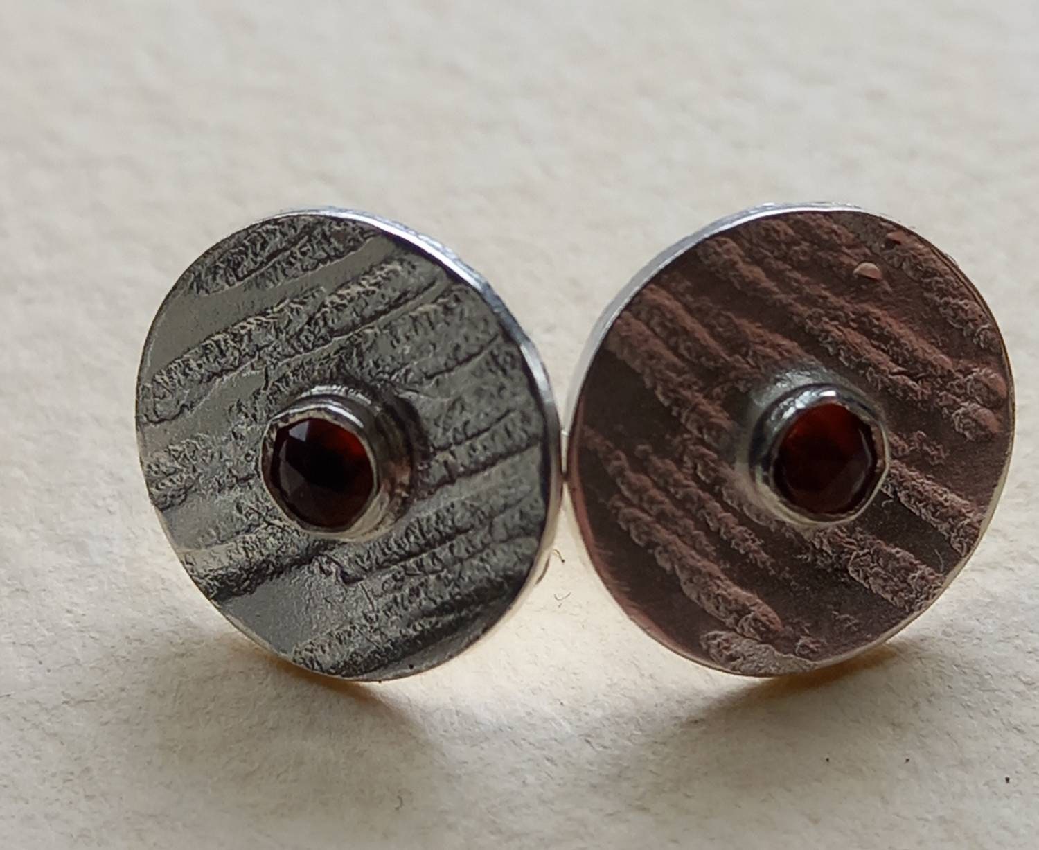 Silver & Garnet Stud Earrings, Hammered Silver Studs, January Birthstone