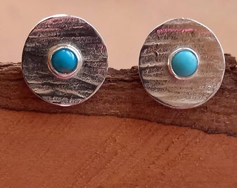 Turquoise and silver stud earrings, hammered studs, turquoise studs, handmade in UK,  postal gifts, December birthstone, recycled silver