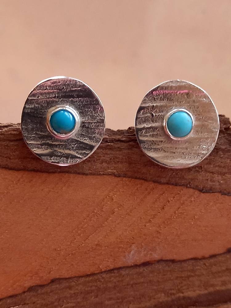 Turquoise & Silver Stud Earrings, Hammered Studs, Turquoise Handmade in Uk, Postal Gifts, December Birthstone, Recycled