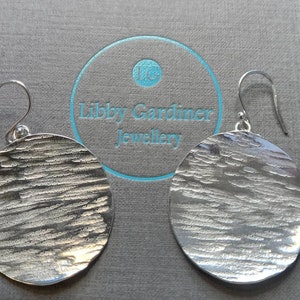 Large silver drop earrings, hammered silver disc drops, handmade in the UK, recycled silver, gifts by post image 5