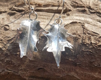 Silver holly leaf drop earrings, real leaf in silver, handmade in the UK, gift for nature and plant lover, postal gifts