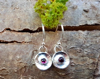 Silver and garnet drop earrings,  hammered disc earrings, January birthstone earrings, handmade silver, handmade in the UK, postal gifts