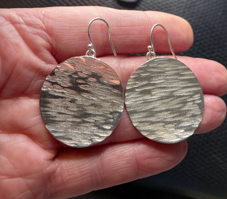 Large silver drop earrings, hammered silver disc drops, handmade in the UK, recycled silver, gifts by post image 4