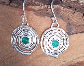 Silver and Malachite drop earrings, handmade silver earrings, recycled silver, Malachite earrings, handmade in UK, postal gift