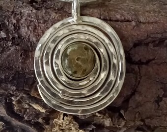 Jasper and silver pendant, hammered silver swirl, handmade in the UK necklace, contemporary silver, postal gift